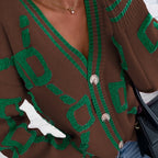 Chic Color Block Knit Cardigan - V-Neck Buttoned Elegance