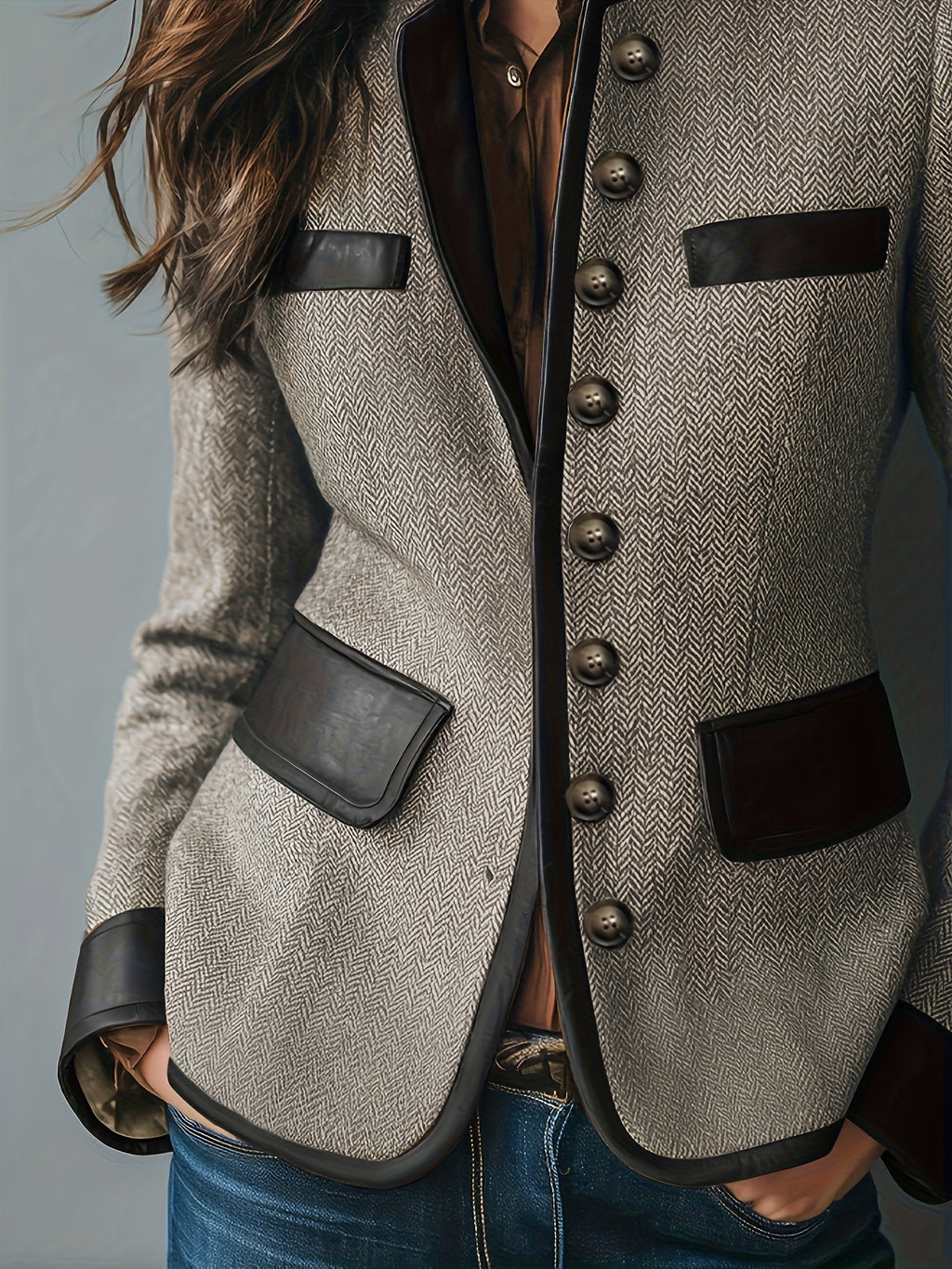 Casaco Casual Elegante Vintage Feminino PU Patchwork Estiloso Gola Alta Abotoadura Simples