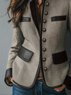 Casaco Casual Elegante Vintage Feminino PU Patchwork Estiloso Gola Alta Abotoadura Simples