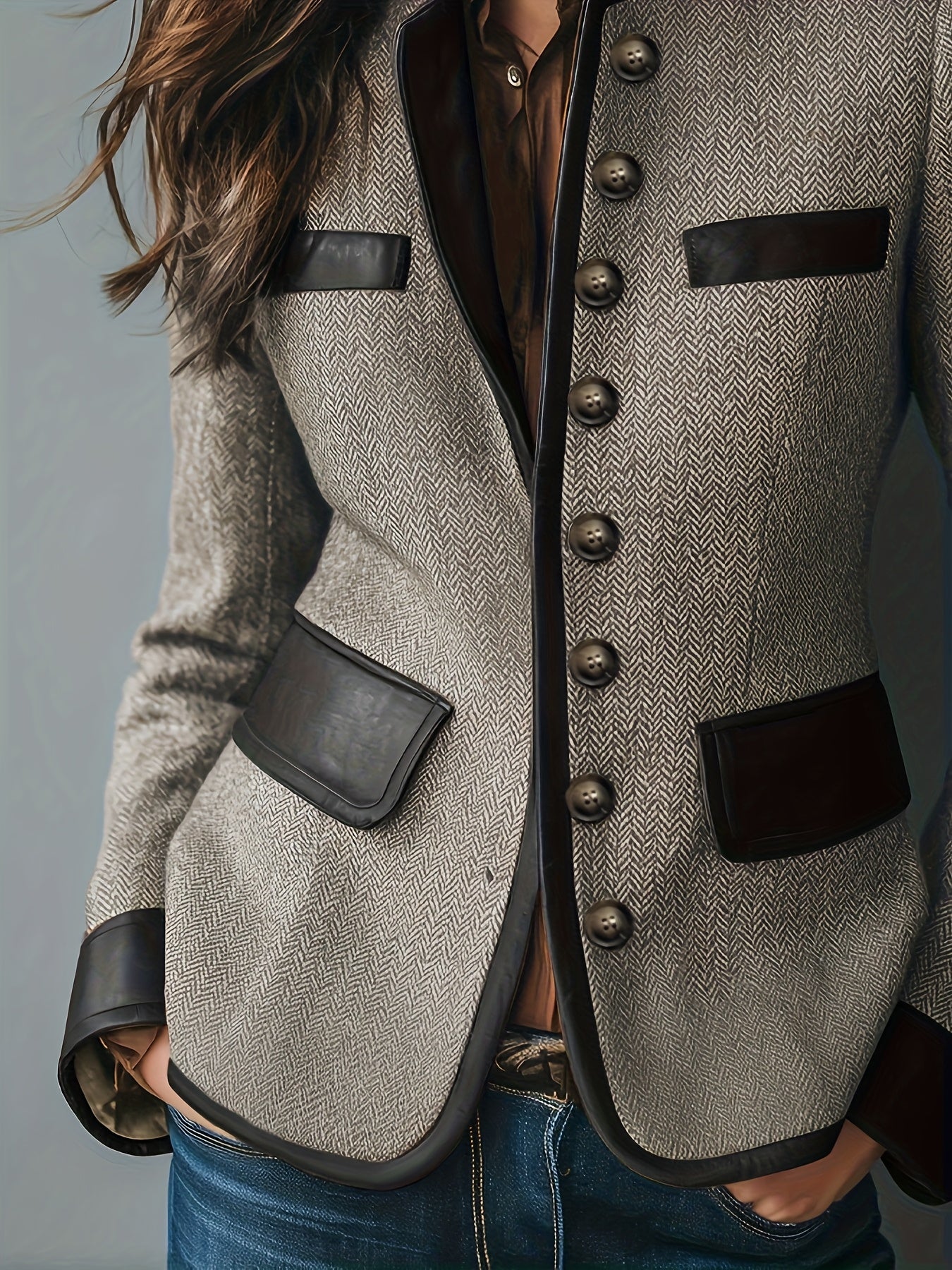 Casaco Casual Elegante Vintage Feminino PU Patchwork Estiloso Gola Alta Abotoadura Simples