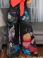 Calças Plus Size Femininas de Perna Larga com Cintura Elástica e Estampa de Borboleta - Calças Maximalistas de Comprimento Total Adequadas para Uso Casual, Escritório e Semi-Formal - Linha Especial Elegante - Calças