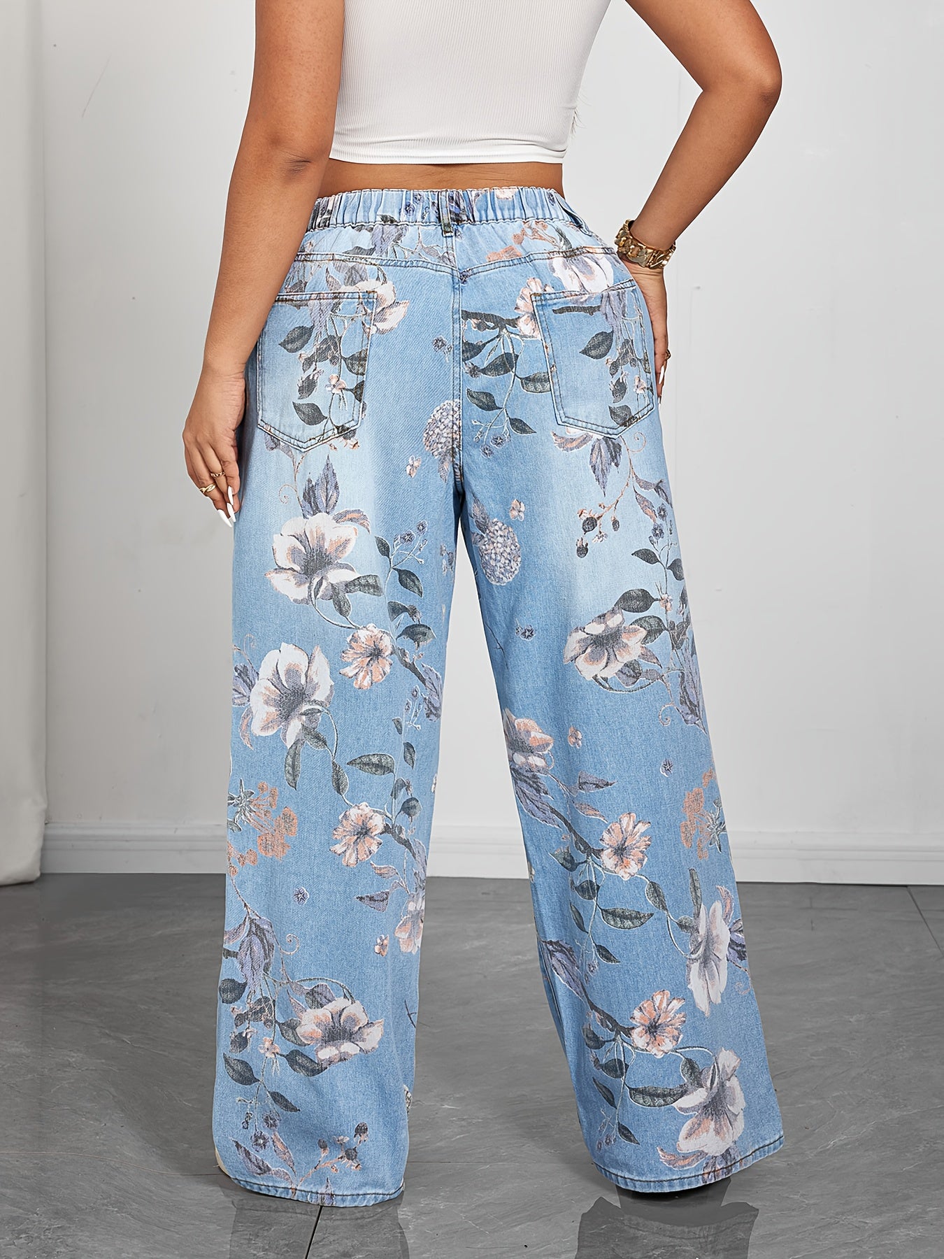 Calças Jeans Femininas com Estampa Floral - Calças de Perna Larga e Elásticas Não Transparentes com Fechamento de Botão, Jeans para Todas as Estações, Tamanho Plus Size, Confortáveis para Looks Casuais e Formais, Elasticidade Média