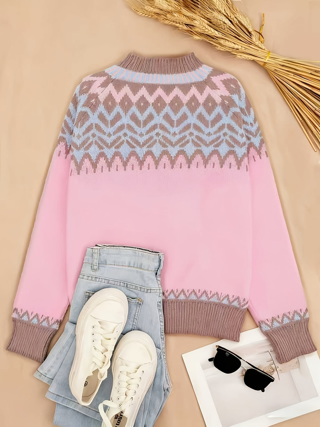 Blusa Feminina Elegante Casual Étnica/Geométrica - Blusa de Inverno Quente com Bloco de Cores e Gola Redonda, Lavável na Máquina, Confortável para Camadas de Outono/Inverno, Novidade 2024 (Poliéster) - Coleção Elegante para Vestidos e Blusas