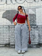 Calças de carga azul claro para mulheres de tamanho grande - Denim de alta elasticidade com bolsos, estilo casual, conforto para todas as estações, moda confortável | Calças de estilo casual | Tecido de alta elasticidade, calças de mulher, overalls de denim para mulher, calças de mãe para mulher