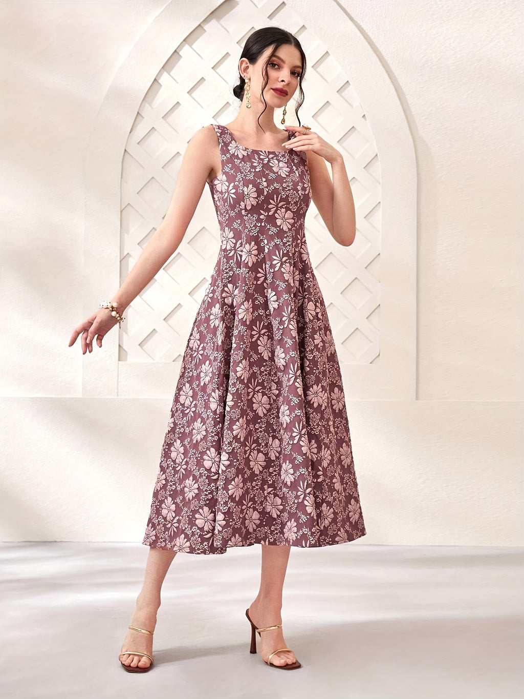 Vestido Maxi Sem Mangas Jacquard Floral Elegante para Mulheres - Decote Quadrado, Azul Claro com Padrões Florais Intricados, Perfeito para Férias de Primavera/Verão, Vestuário de Férias | Vestido com Estampa Floral | Decote Quadrado, Vestido Floral