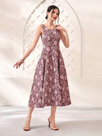 Vestido Maxi Sem Mangas Jacquard Floral Elegante para Mulheres - Decote Quadrado, Azul Claro com Padrões Florais Intricados, Perfeito para Férias de Primavera/Verão, Vestuário de Férias | Vestido com Estampa Floral | Decote Quadrado, Vestido Floral