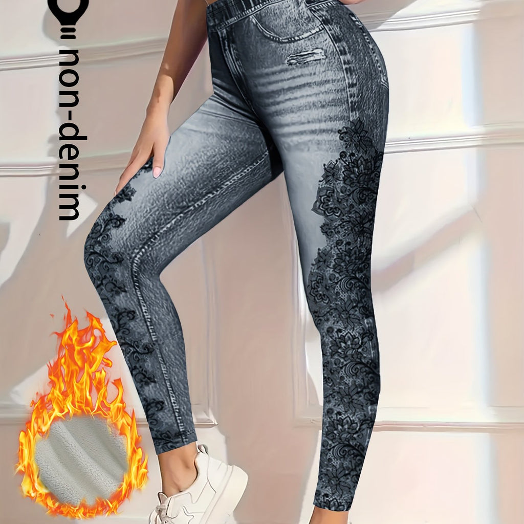 Cozy Faux Denim Leggings with Fleece Lining