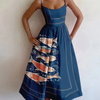 Navy & Orange Abstract Fish Print Off-Shoulder Dress