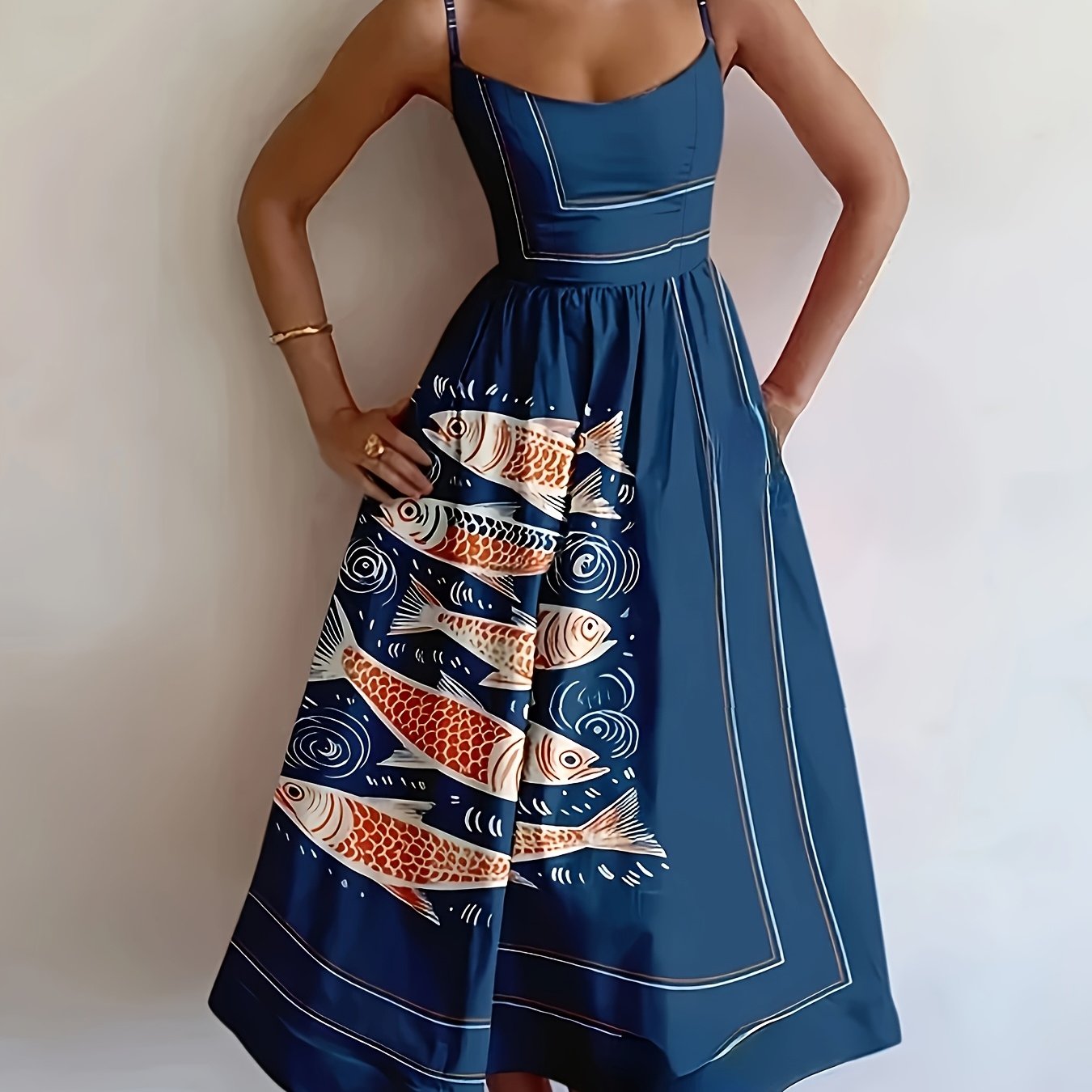 Navy & Orange Abstract Fish Print Off-Shoulder Dress