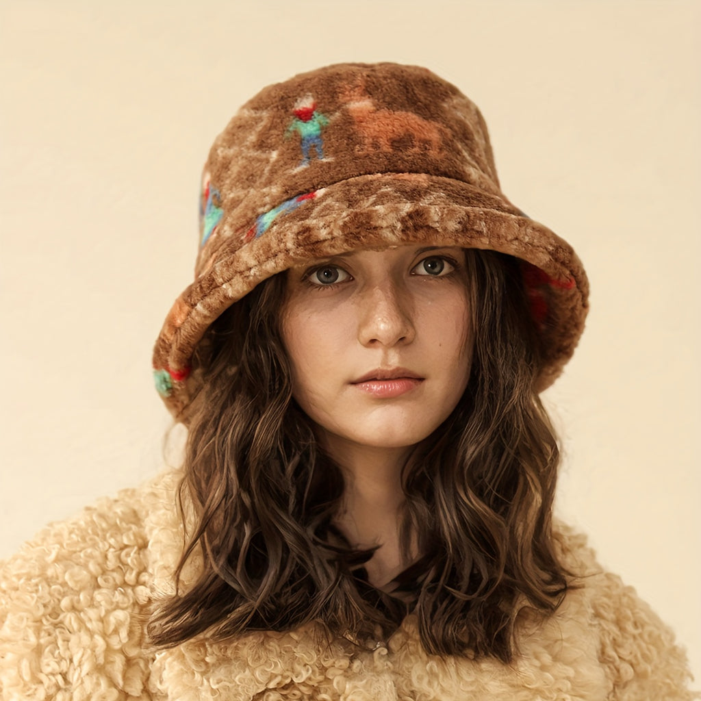 1pc Chapéu de Pescador Feminino - Chapéu Balde Leve e Quente para o Inverno com Estampa Aleatória, Pele Sintética Macia, Ajustável 55.88-60.96 cm para Natal & Uso Diário, Design Facial, Chapéus de Inverno, Acessório Festivo, Padrão Tiedye