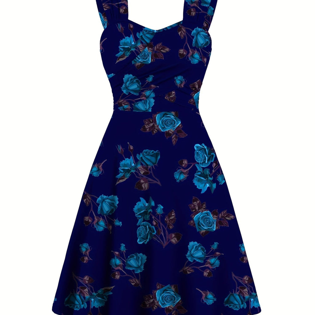 Elegant Red Rose Print Off-Shoulder Dress