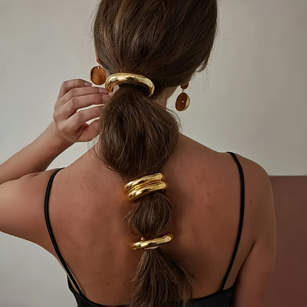 Conjunto de 3 peças de cordão de cabelo oco em liga dourada, design elegante e minimalista com detalhe de renda, cor sólida, para o festival de Natal, adequado para idades a partir dos 14 anos.