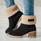 Botas de inverno para mulheres com salto grosso - Botas de cano médio com biqueira redonda e forro de lã, forro de tecido quente e sola de borracha para deslocações ao ar livre, uso casual - Tamanho grande disponível, Botas de inverno, Calçado para clima frio, Forro de interior felpudo, Calçado de tração durável, Calçado para uso diário, Forro aconchegante, Usuários de clima quente