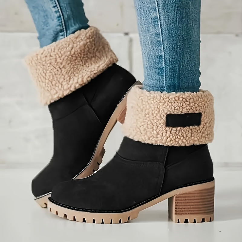 Botas de inverno para mulheres com salto grosso - Botas de cano médio com biqueira redonda e forro de lã, forro de tecido quente e sola de borracha para deslocações ao ar livre, uso casual - Tamanho grande disponível, Botas de inverno, Calçado para clima frio, Forro de interior felpudo, Calçado de tração durável, Calçado para uso diário, Forro aconchegante, Usuários de clima quente