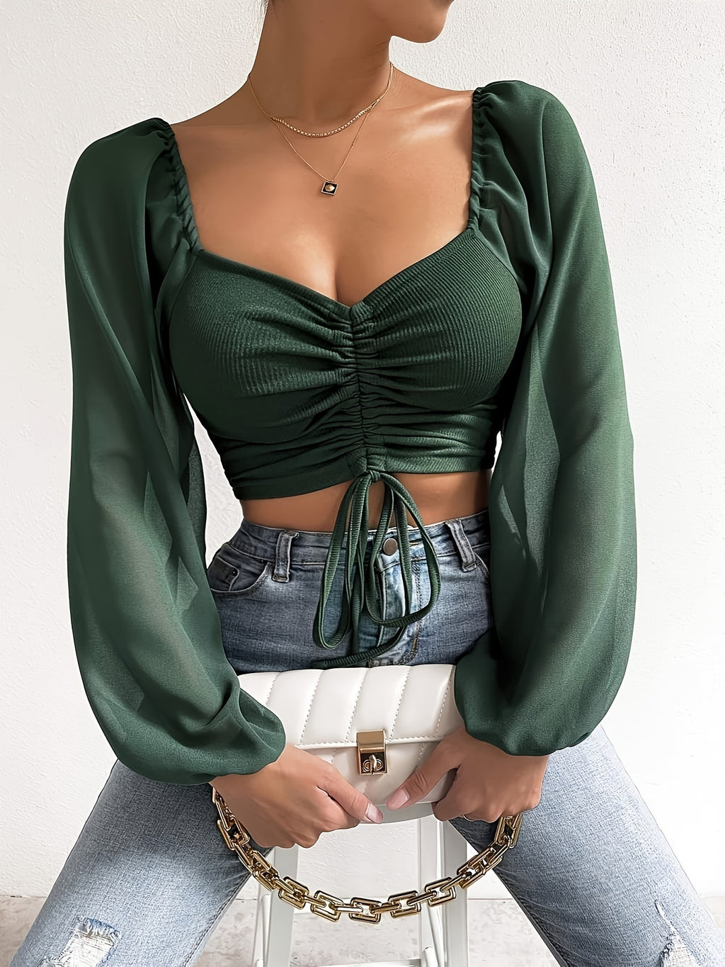 Top Curto Com Cordão E Decote Em Coração, Blusa Casual Ilusão Com Manga Lanterna Para Primavera E Outono, Roupas Femininas