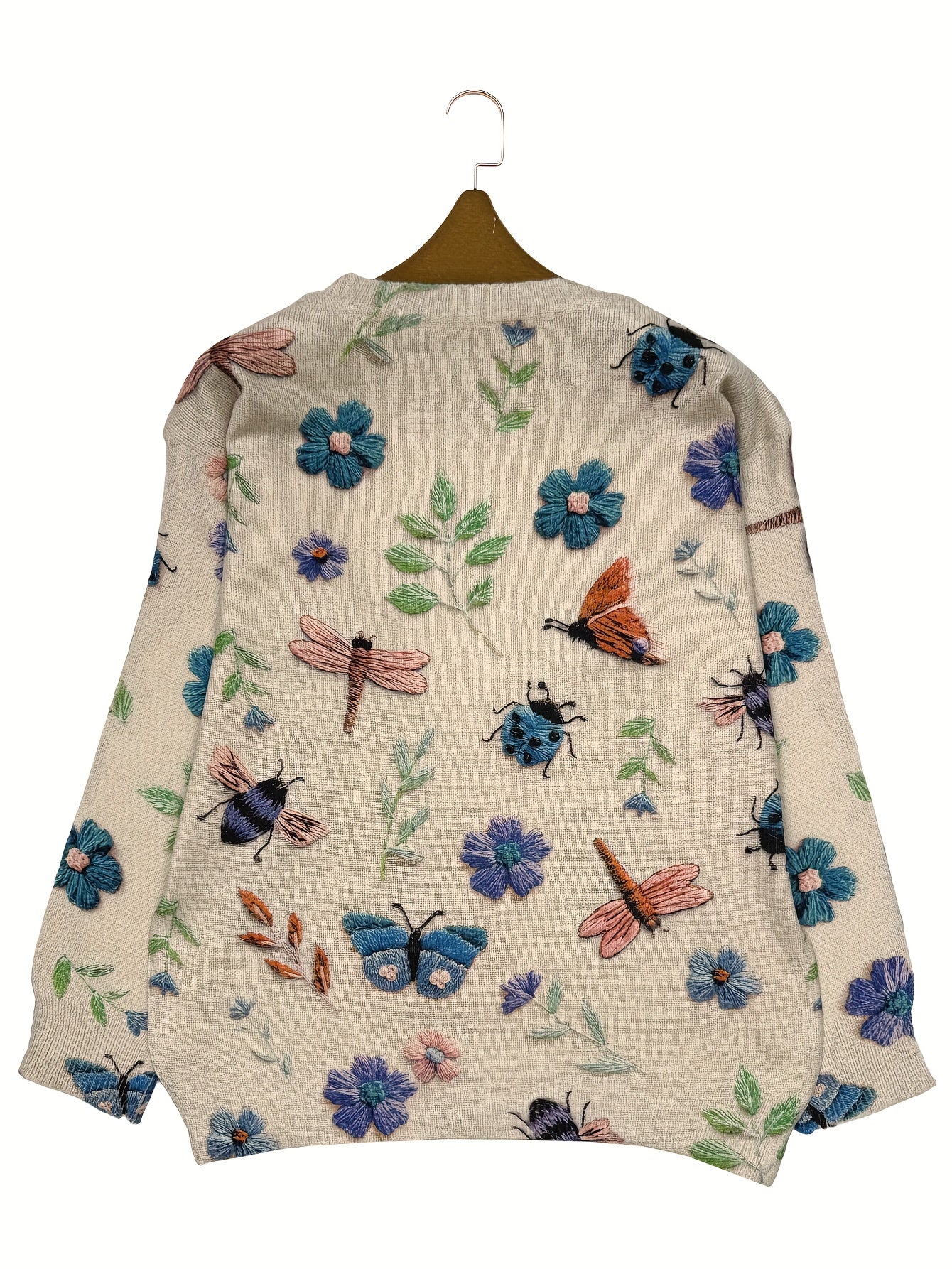 (Impressão Digital 2D) [Estampa Total] [Leve] [Suéter] Suéter de Malha Leve com Estampa Completa de Insetos, Gola Redonda Casual e Manga Longa, Moda Feminina