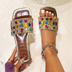 Sandálias Femininas Coloridas com Strass - Elegantes Sandálias de Dedo Aberto para o Verão com Design de Pedras Preciosas Vibrantes, Chinelos Casuais Confortáveis para Festas e Eventos ao Ar Livre, Calçados de Praia | Sandálias Vibrantes | Decorações com Pedras Preciosas, Sandálias Femininas