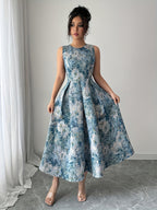 Vestido Maxi Elegante Feminino com Estampado Floral, Corte em A, Manga Balão e Detalhe na Cintura - Vestido Formal/De Festa/Para o Dia a Dia de Gola Redonda e Comprido em /, Roupa Lavável à Máquina para Primavera/Outono, Vestidos Bonitos