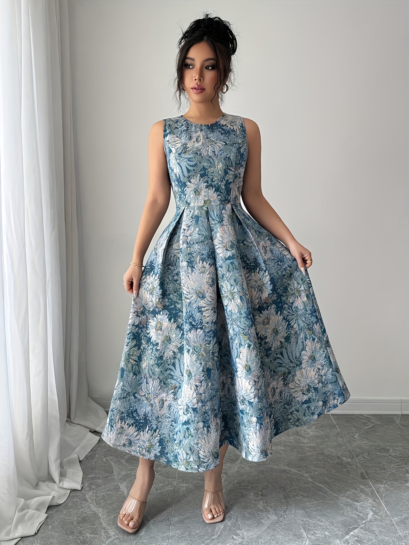 Vestido Maxi Elegante Feminino com Estampado Floral, Corte em A, Manga Balão e Detalhe na Cintura - Vestido Formal/De Festa/Para o Dia a Dia de Gola Redonda e Comprido em /, Roupa Lavável à Máquina para Primavera/Outono, Vestidos Bonitos