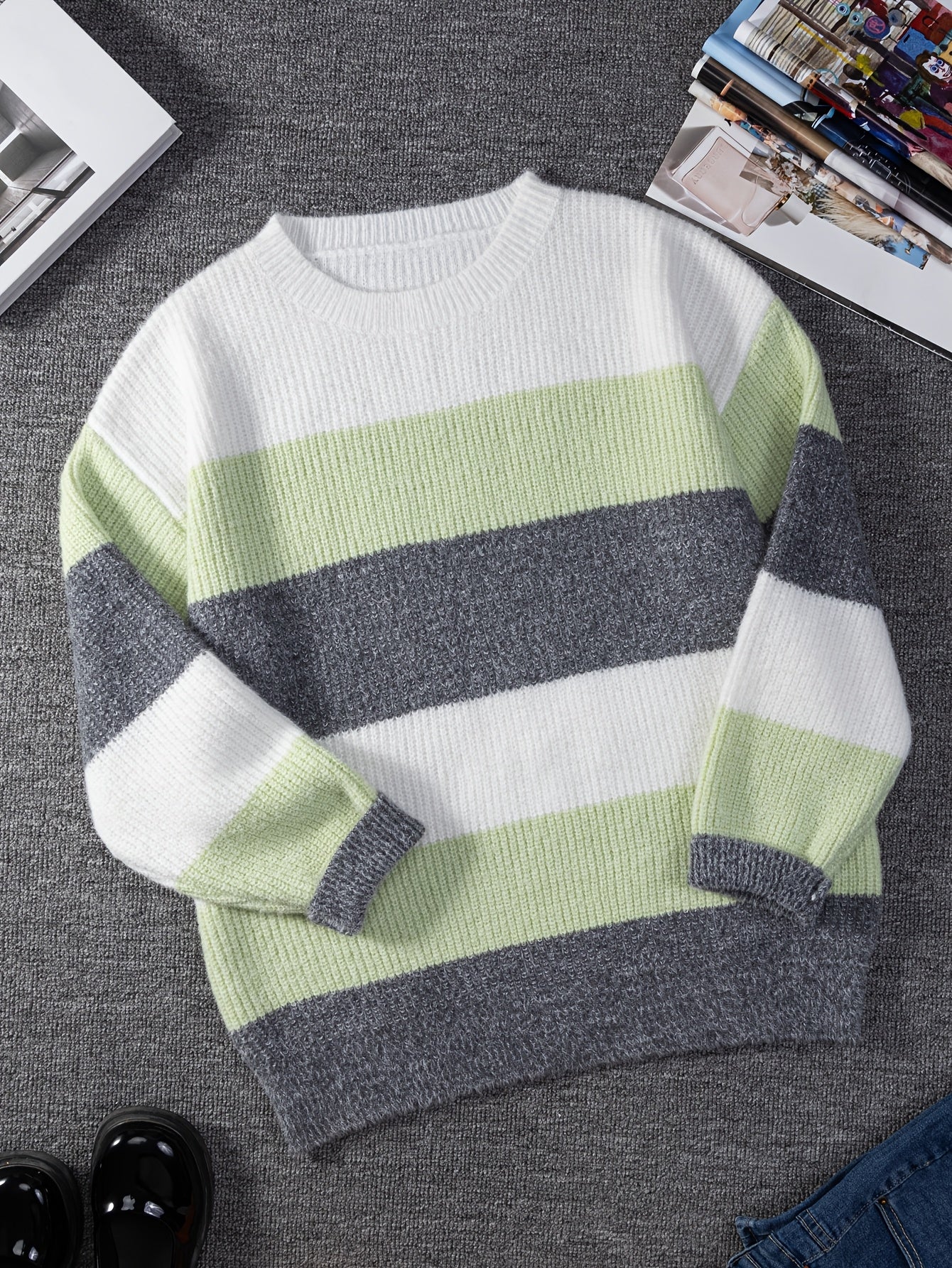 Tamanho Grande - Tamanho Grande, Suéter de Tamanho Grande para Mulheres - Bege/Elegante/Cinza/Branco/Preto/Castanho - Suéter de Manga Longa Não Elástico para Outono/Inverno - Escritório, Festa, Vestuário Diário - Tops Amigáveis para Corpos Curvos, Roupa de Inverno, Ajuste Relaxed, Material Aconchegante, Suéter de Malha Elegante, Amantes da Moda