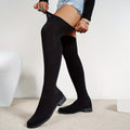Botas elásticas até o joelho para mulheres, estilo novo 2025, versáteis botas compridas de malha longa sobre o joelho, planas, redondas e emagrecedoras.