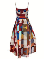 Vestido de alças finas ajustáveis com estampado geométrico retro colorido para férias boémias elegantes e jovens, com mangas curtas e comprimento médio, ideal para presente único e especial para o verão.