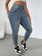 Jeans Elásticos Slim-Fit para Mulher - Estilo Elegante e Justo para o Outono, Perfeitos para Saídas Casuais, Calças de Ganga Elásticas de Cintura Subida.