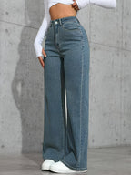 Calças de ganga azul retas com cintura alta e elásticas para mulheres, confortáveis e estilosas 2025, estilo casual, feitas em tecido lavado retrô durável e ajustadas ao corpo, perfeita para streetwear