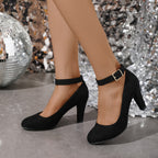 Salto bloco feminino, bombas elegantes de cor sólida, saltos com tira de fivela da moda