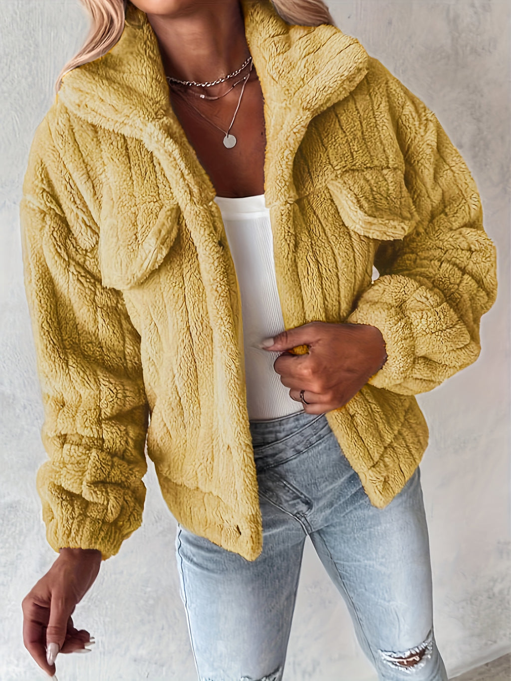 Casaco de Inverno Feminino com Gola de Pelúcia Realista - Casaco Teddy Bege, Lavável à Máquina, Manga Longa Macia para Outono/Inverno, Uso Casual ou Elegante (Sem Design) - Casaco Faux Teddy Aconchegante