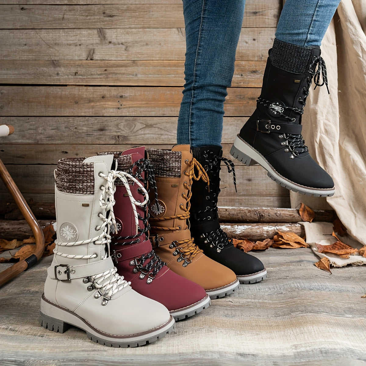 Botas de Inverno Vintage Femininas com Sola TPR Antiderrapante e Fecho com Cordões - Sola TPR Espessa, Parte Superior em Imitação de Pele, Forro Aveludado e Suporte do Arco - Botas de Cano Médio para Todas as Estações em Preto/Castanho/Bege/Vermelho/Branco, Roupa Casual e Formal, Botas de Inverno para Mulher