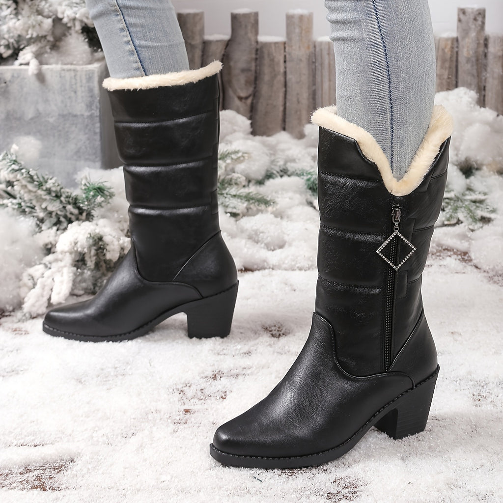 Botas Femininas de Inverno 2025 com Salto Grosso e Zíper Lateral em Cor Sólida