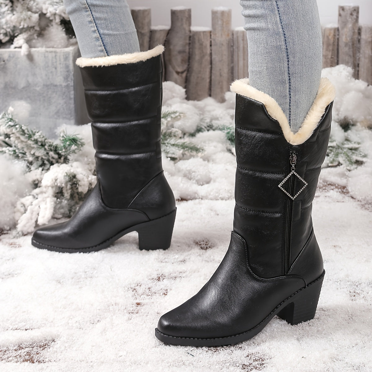 Botas Femininas de Inverno 2025 com Salto Grosso e Zíper Lateral em Cor Sólida