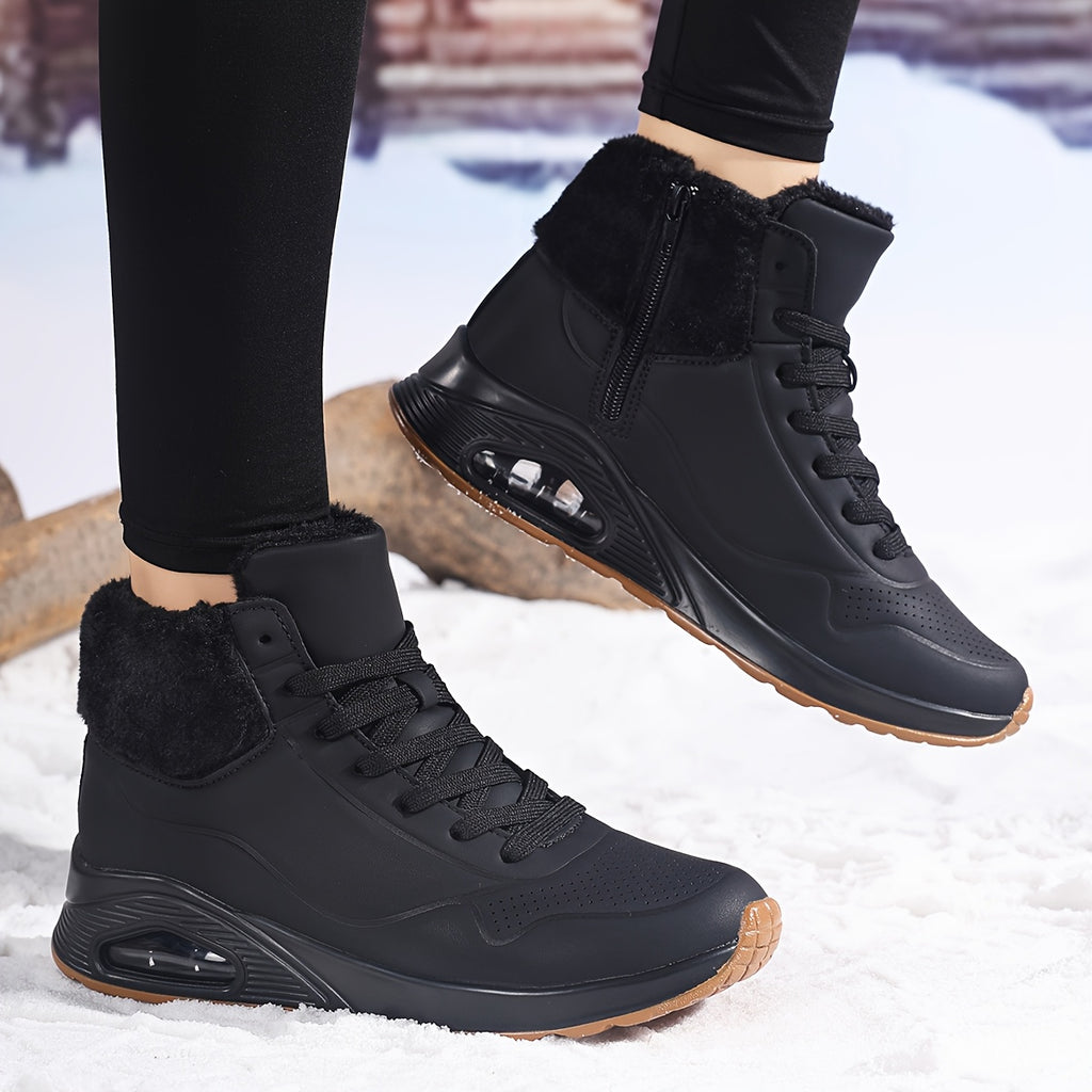 Botas de inverno para mulheres com cano médio, forro de lã espessa e parte superior de PU respirável - Botas de neve com biqueira redonda para clima frio, looks casuais e desportivos, botas de inverno, calçado para exterior, calçado moderno, construção durável