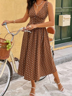 Vestido de verão elegante para mulher com decote em V e bolinhas com fecho - Marrom e branco, sem mangas, perfeito para ocasiões casuais e formais, atitude casual|Decote em V elegante|Vestido com fecho
