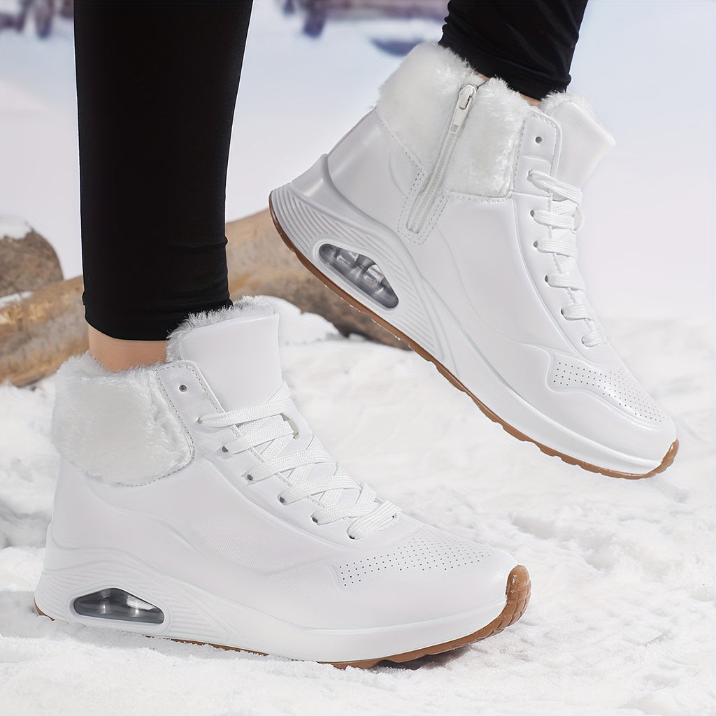 Botas de inverno para mulheres com cano médio, forro de lã espessa e parte superior de PU respirável - Botas de neve com biqueira redonda para clima frio, looks casuais e desportivos, botas de inverno, calçado para exterior, calçado moderno, construção durável