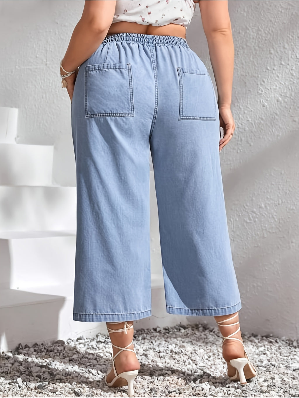 Calças de ganga largas de tamanho grande para mulheres com cintura ajustável - Estiramento médio, cor sólida, ajuste confortável para todas as estações, roupa casual | Calças de estilo casual | Tecido elástico