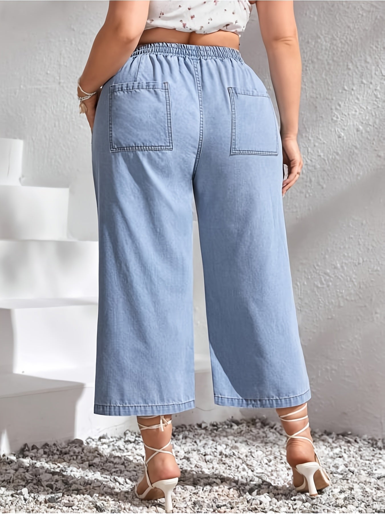 Calças de ganga largas de tamanho grande para mulheres com cintura ajustável - Estiramento médio, cor sólida, ajuste confortável para todas as estações, roupa casual | Calças de estilo casual | Tecido elástico