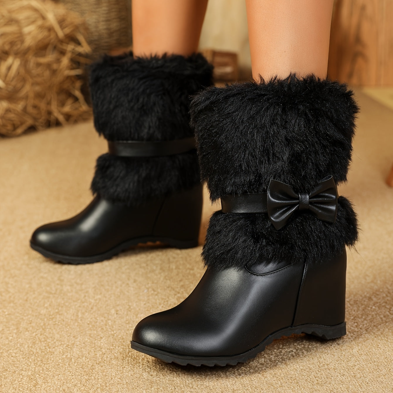 Botas de Inverno Acolchoadas para Mulheres - Botas Médias Confortáveis com Solado Grosso, Bico Redondo e Detalhe em Laço nas Cores Branco, Preto e Rosa - Perfeitas para o Clima Frio