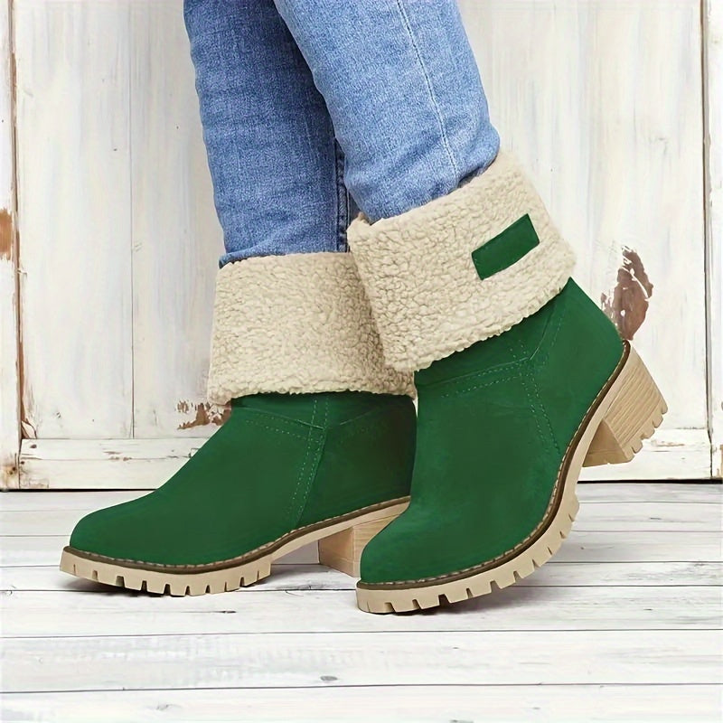 Botas de inverno para mulheres com salto grosso - Botas de cano médio com biqueira redonda e forro de lã, forro de tecido quente e sola de borracha para deslocações ao ar livre, uso casual - Tamanho grande disponível, Botas de inverno, Calçado para clima frio, Forro de interior felpudo, Calçado de tração durável, Calçado para uso diário, Forro aconchegante, Usuários de clima quente