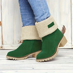 Botas de inverno para mulheres com salto grosso - Botas de cano médio com biqueira redonda e forro de lã, forro de tecido quente e sola de borracha para deslocações ao ar livre, uso casual - Tamanho grande disponível, Botas de inverno, Calçado para clima frio, Forro de interior felpudo, Calçado de tração durável, Calçado para uso diário, Forro aconchegante, Usuários de clima quente