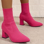 Botas Femininas De Malha De Cor Sólida, Botas Confortáveis ​​e Respiráveis ​​de Salto Grosso, Botas Finas Elásticas De Inverno