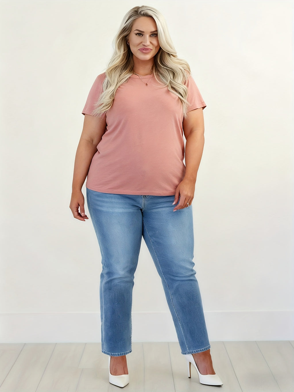 Calças Jeans Plus Size Femininas de Cintura Alta e Elásticas - Azul Claro, Perna Larga com Zíper Completo na Frente, Silhueta H-Line (Sem Passantes) - Calça Elegante para Todos os Estilos: Casual ou Social - Lavável em Máquina