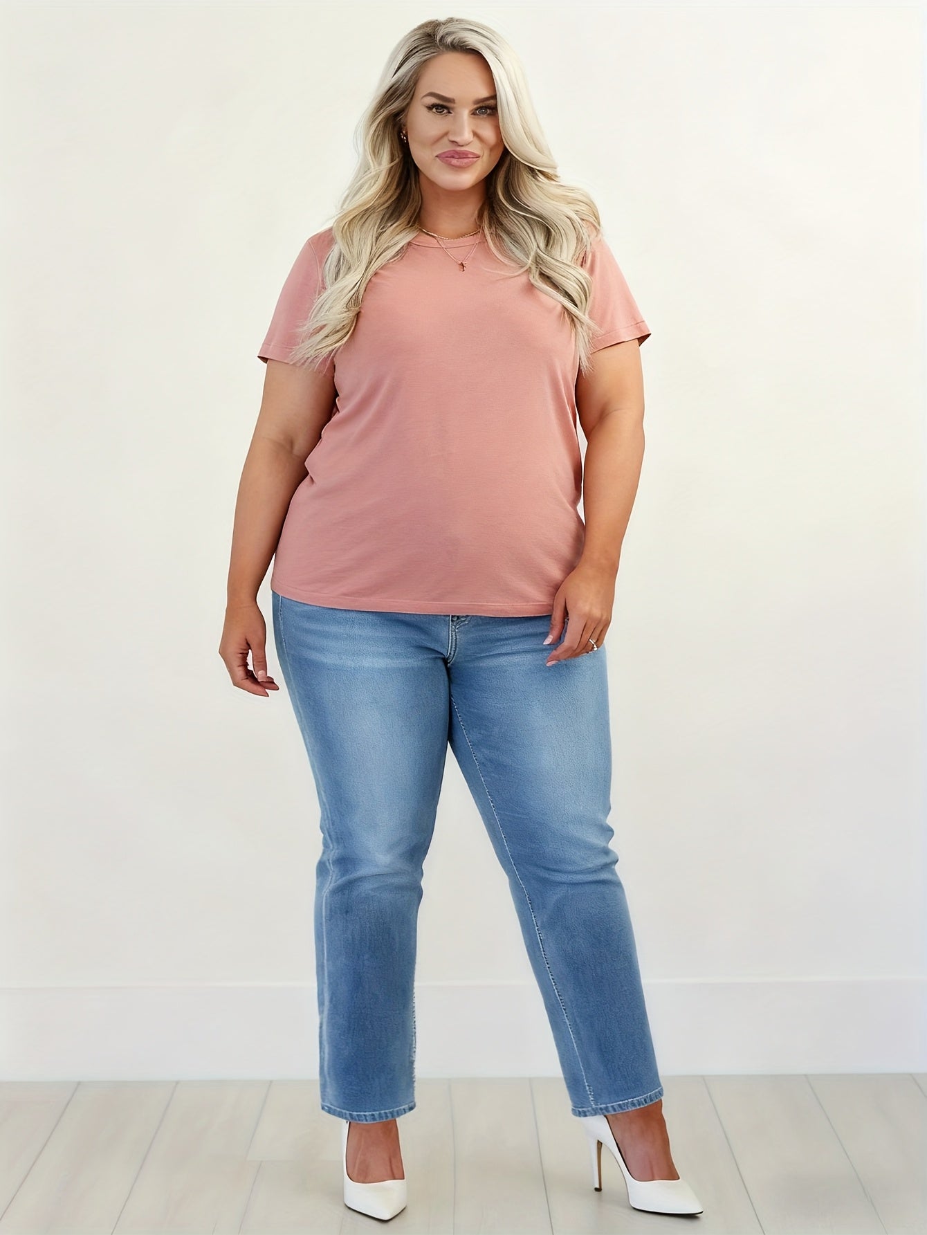 Calças Jeans Plus Size Femininas de Cintura Alta e Elásticas - Azul Claro, Perna Larga com Zíper Completo na Frente, Silhueta H-Line (Sem Passantes) - Calça Elegante para Todos os Estilos: Casual ou Social - Lavável em Máquina