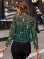 Jaqueta Cardigan Feminina com Lantejoulas e Glitter, Tecido Plissado em Folha Dourada Manga 3/4 Blazer Curto para Casual de Negócios