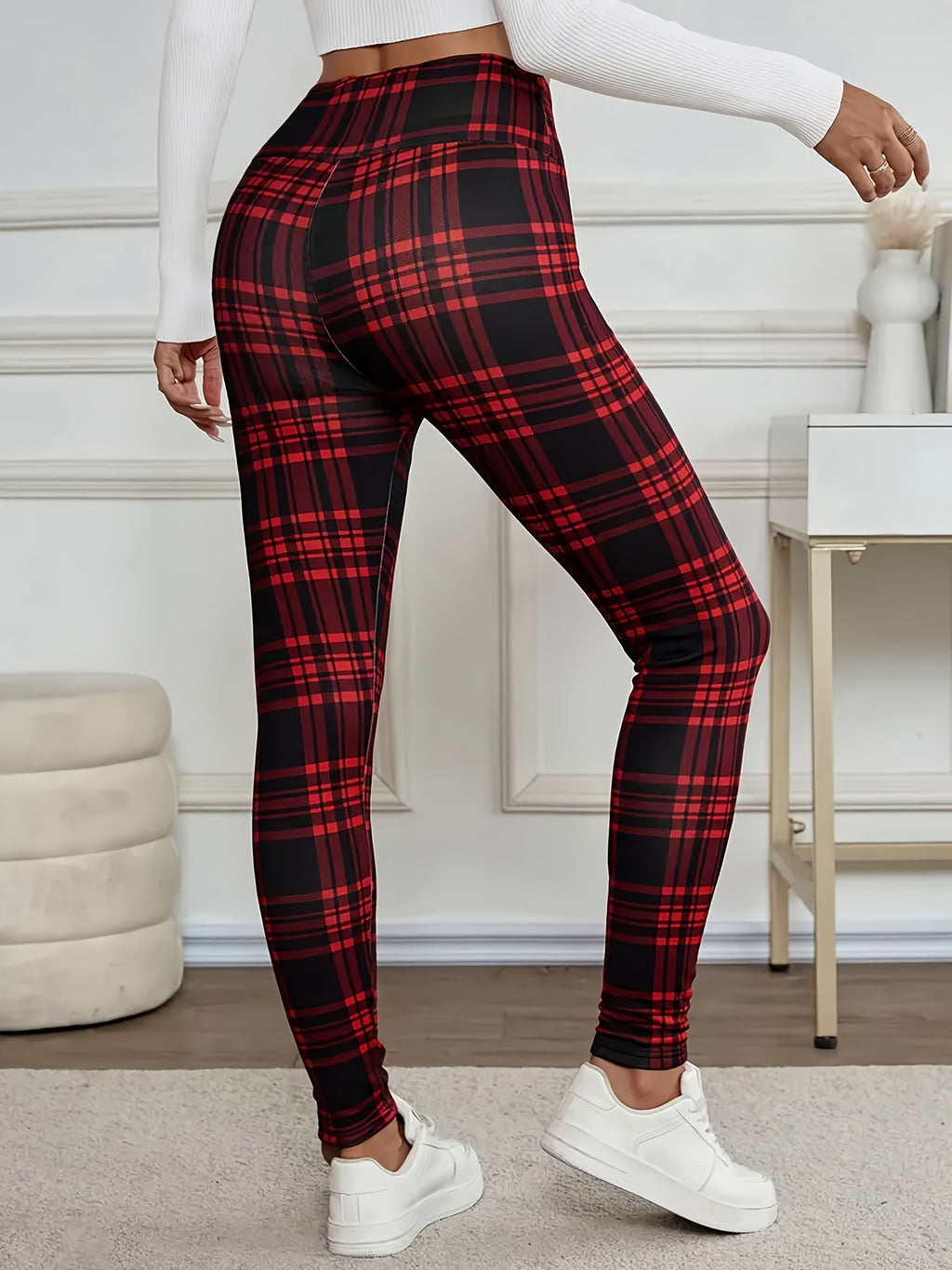 Calças Justas de Cintura Subida para Mulher - Tecido Opaco, Calças Laváveis à Máquina para Looks Diários e Formais - Calças Elegantes para Escritório, Festa, Casual - Essenciais de Roupa de Outono/Inverno, Leggings de Cintura Subida, Roupa Versátil, Padrão de Grelha, laváveis máquina, calças justas mulher, legging cintura subida, roupa outono inverno