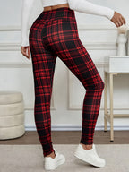 Calças Justas de Cintura Subida para Mulher - Tecido Opaco, Calças Laváveis à Máquina para Looks Diários e Formais - Calças Elegantes para Escritório, Festa, Casual - Essenciais de Roupa de Outono/Inverno, Leggings de Cintura Subida, Roupa Versátil, Padrão de Grelha, laváveis máquina, calças justas mulher, legging cintura subida, roupa outono inverno