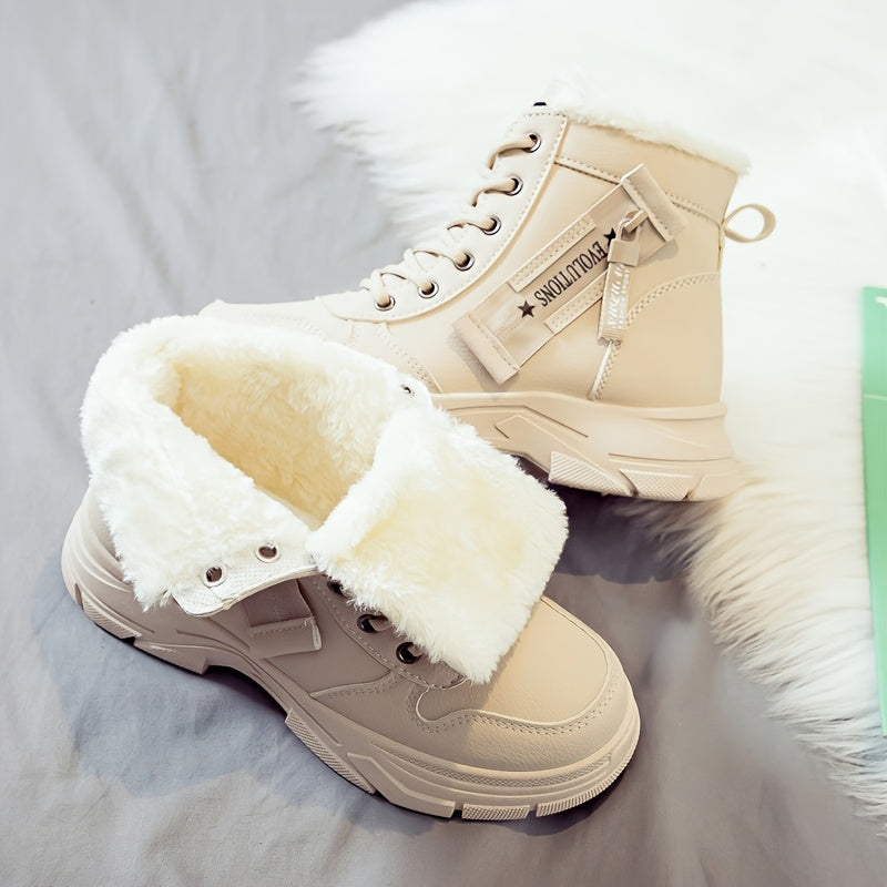 Botas de Inverno Grossas e Quentes para Mulher com Lã e Sola Grossa de PVC - Botas de Inverno de Dedo Redondo e Salto Médio com Atacadores e Parte Superior em PU, Botas de Inverno | Botas de Cano Médio com Atacadores | Botas com Cobertura em PU