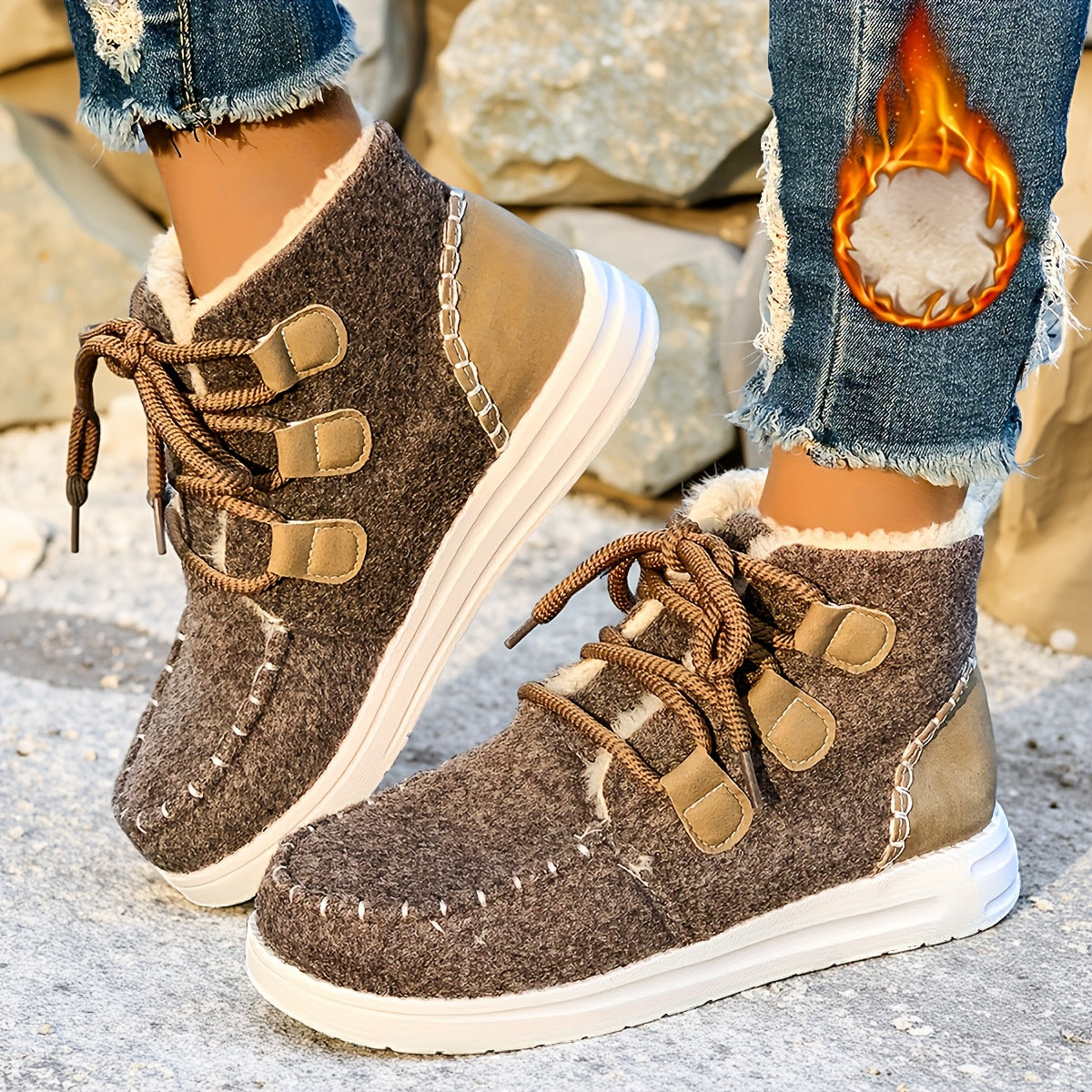 Botas de Inverno para Mulheres com Sola de Plataforma Grossa - Bege/ Botas de Cano Alto com Atacadores, Sola de EVA Antiderrapante para Clima Frio, Eventos Diários e Formais - Sapatos Quentes para as Estações de Outono e Inverno, Calçado de Estação, Design de Bico Redondo, Construção Durável, Mulheres Conscientes da Moda