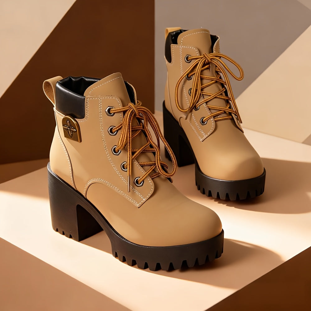 Botas de salto alto bege femininas com design de atacadores, biqueira redonda, salto bloco, botas de inverno elegantes, botas de inverno|Botas de biqueira redonda|Botas de atacadores